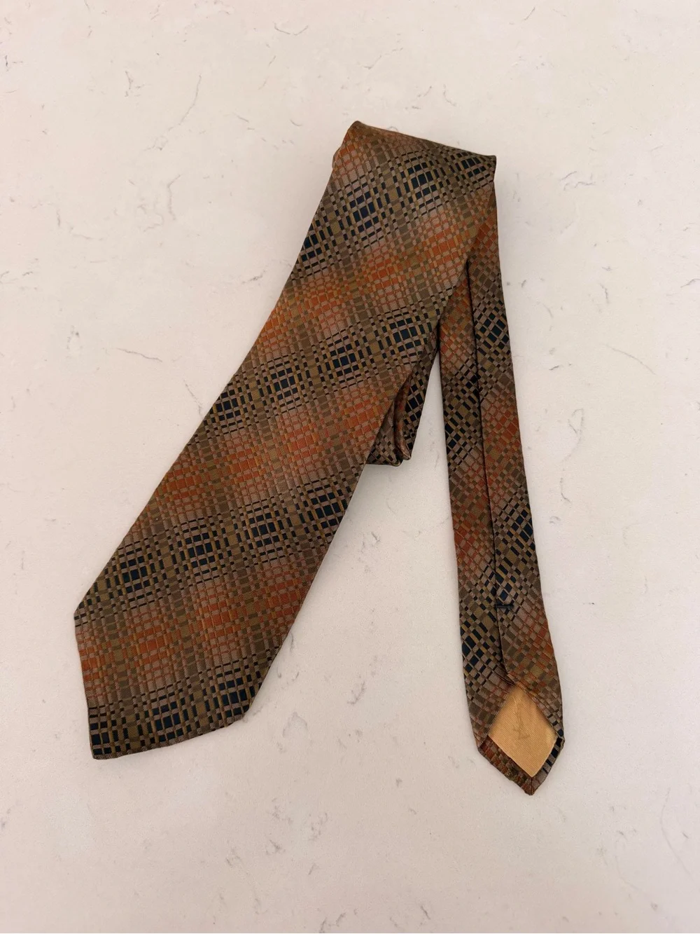 Yves Saint Laurent Brown and Orange Geometric Silk Tie
